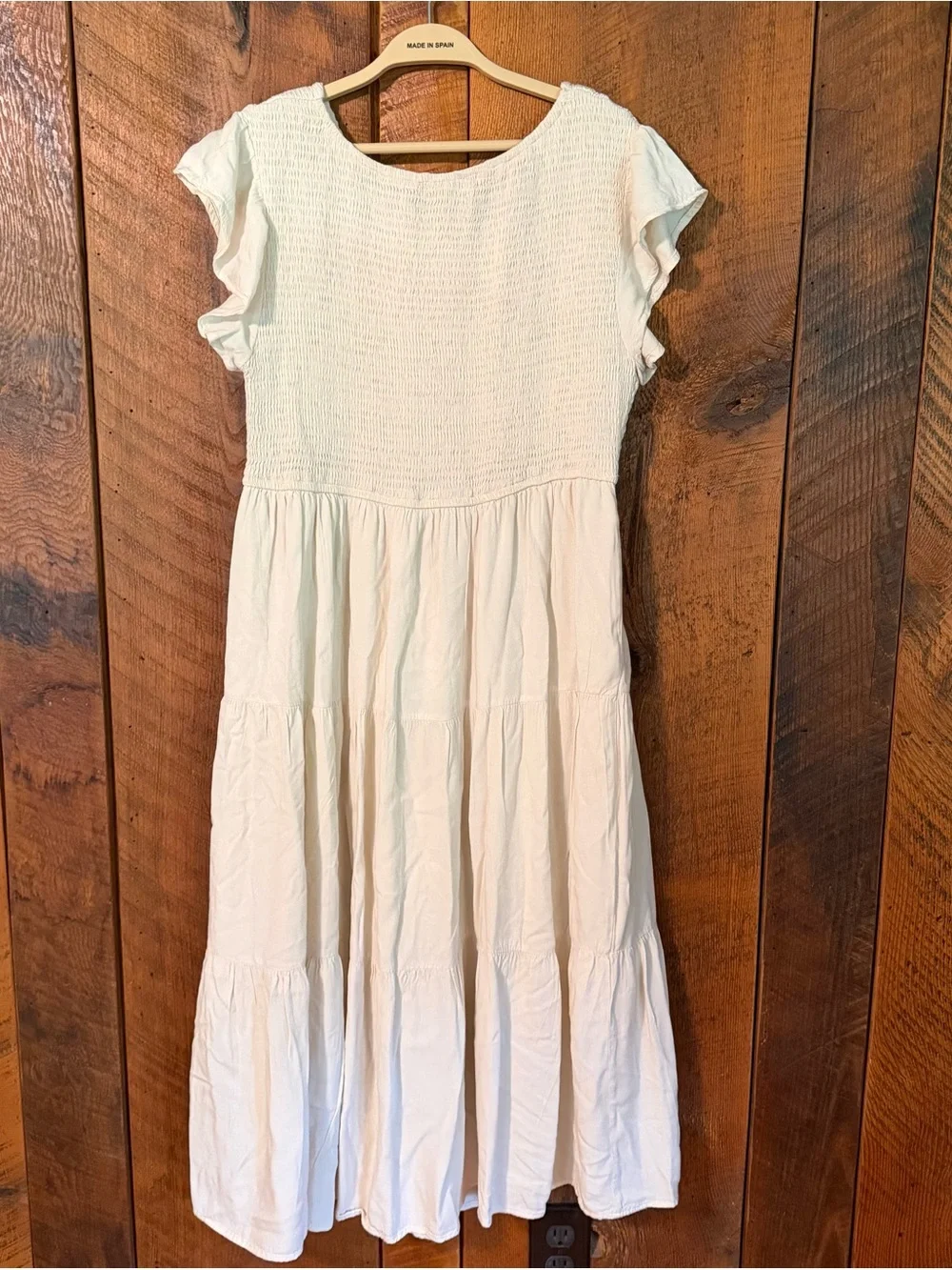 Boutique Smocked Tiered Skirt Midi Dress Cream Romantic Cottagecore Boho XL